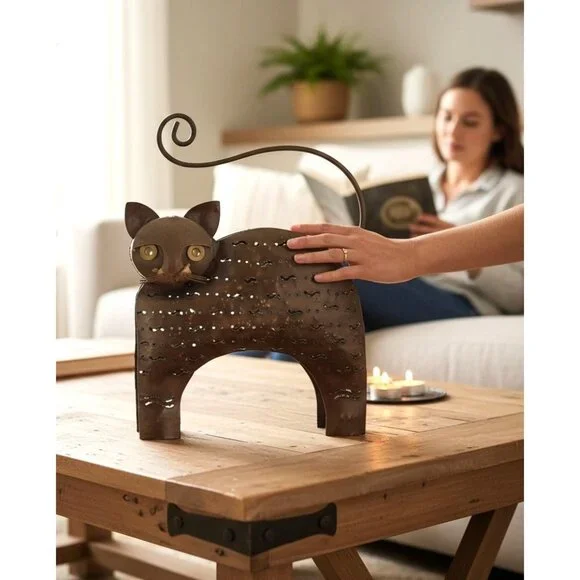 Rustic Metal Cat Sculpture With Curled Tail Candle Holder Vintage Bronze Finish - Picture 2 of 10